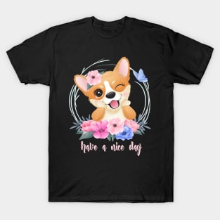 cute little corgi with floral portrait tshirt T-Shirt